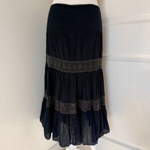 Vintage Black Maxi Skirt Tiered Embroidered Lace 90s Y2K Fairy Cottage Boho Sz L